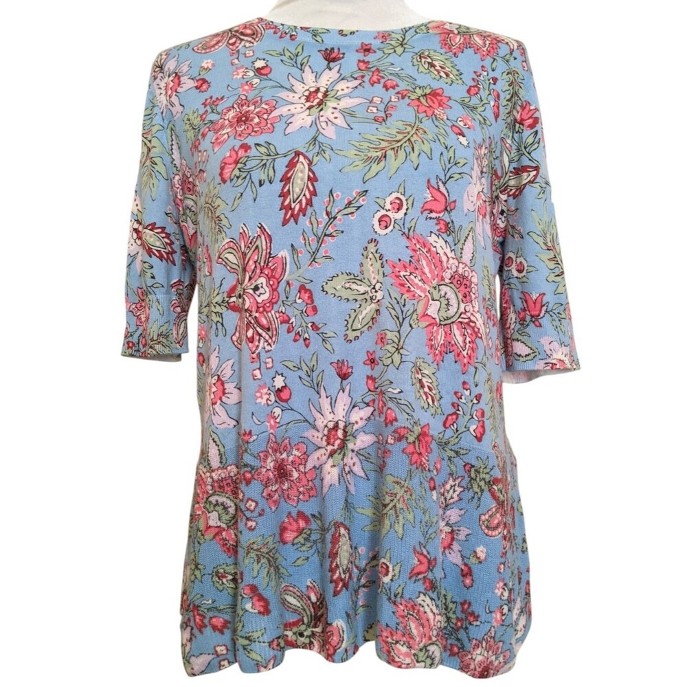LOFT Cotton Sweater Short Sleeve Floral Sky Blue Relaxed Loose Roomy Size Medium